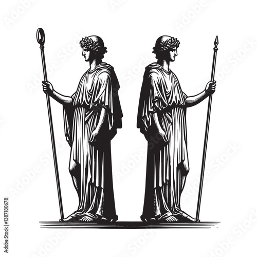 Illustrative Grecian figures holding staves in a monochromatic woodcut drawing