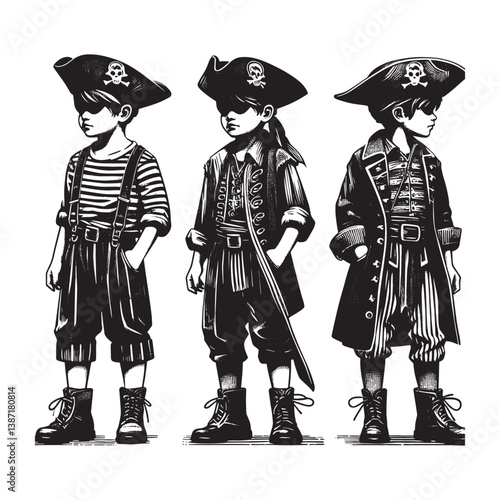 Illustrative portrayal of children in vintage Pirate inspired costume ensemble