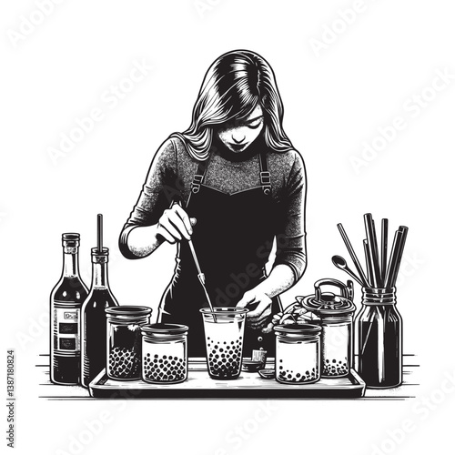 Illustrative woman crafting bubble tea with tapioca and vibrant syrups display