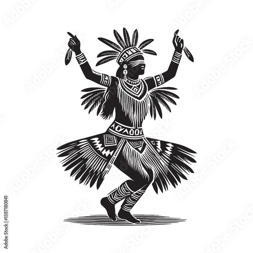 Indigenous woman dancing silhouette with traditional ceremonial woodcut style art