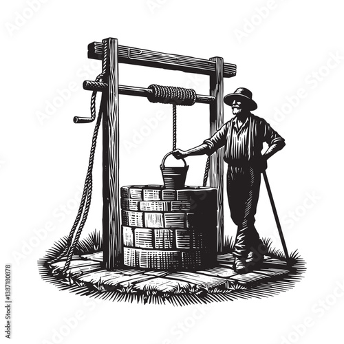 Illustrative woodcut depiction of a man drawing water from a stone well