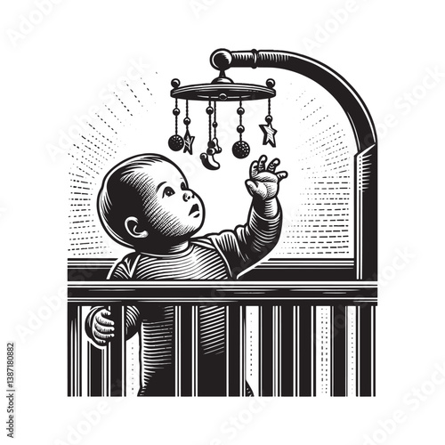 Infant,s discovery woodcut drawing of a baby fascinated by a mobile in a crib
