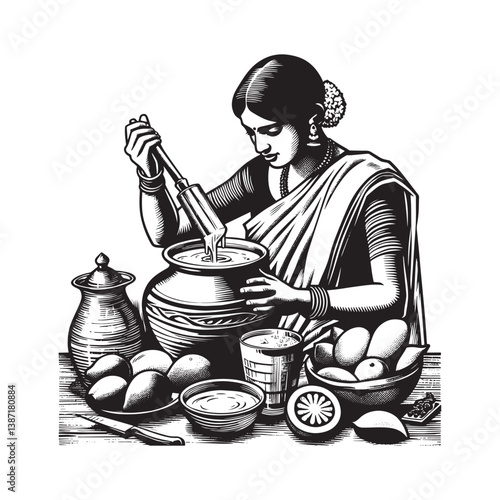 Indian woman preparing lassi a traditional yogurt drink in a woodcut style