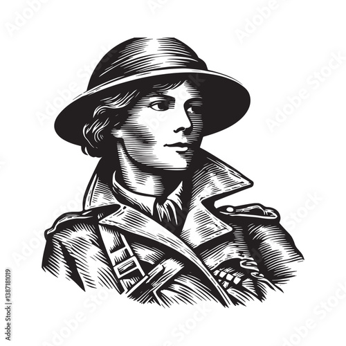 Intrepid woman disguised as soldier in detailed woodcut style illustration