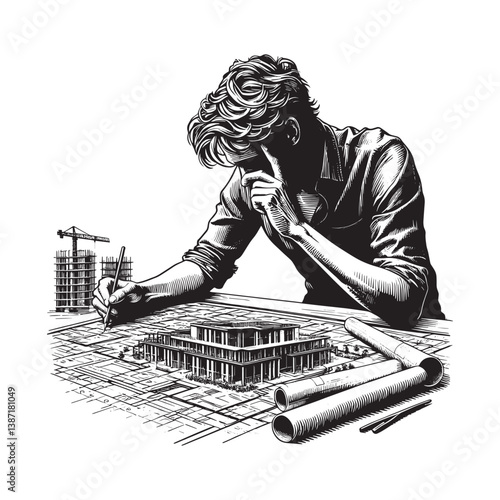 Intricate architectural blueprint design with dedicated engineer focused intently