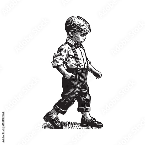 Intricate woodcut illustration of a young boy in vintage attire strolling confidently