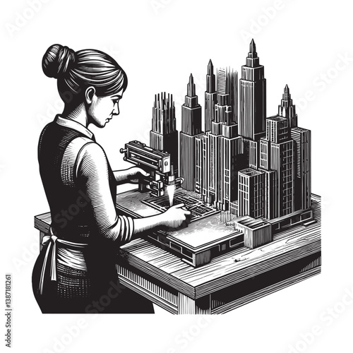 Intricate woodcut illustration woman assembling miniature 3D printed skyline