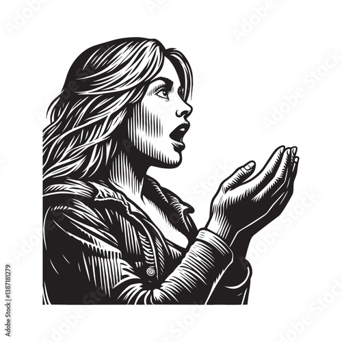 Intricate woodcut illustration of a surprised woman looking upwards in wonder