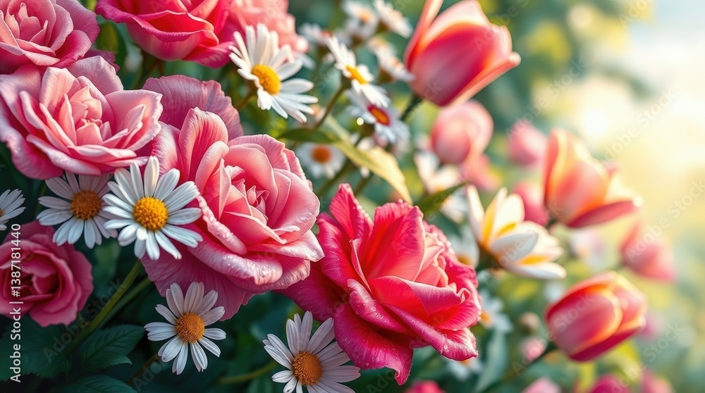Vibrant Spring Garden with Colorful Tulips, Roses, and Daisies in Bloom Vibrant Spring Garden with Colorful Tulips, Roses, and Daisies in Bloom