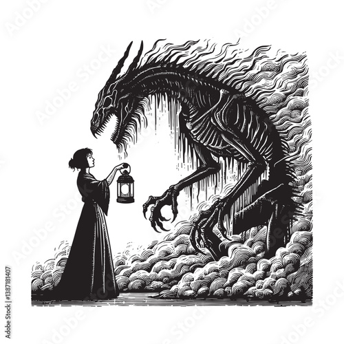 Lantern light confronts monstrous apparition in monochrome woodcut illustration