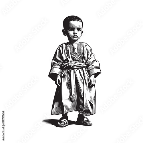 Little boy in Sudanese Jellabiya monochrome woodcut drawing style