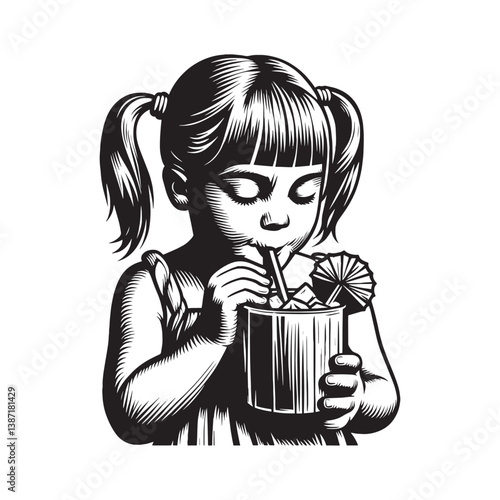Little girl enjoying a refreshing piña colada in a woodcut style drawing