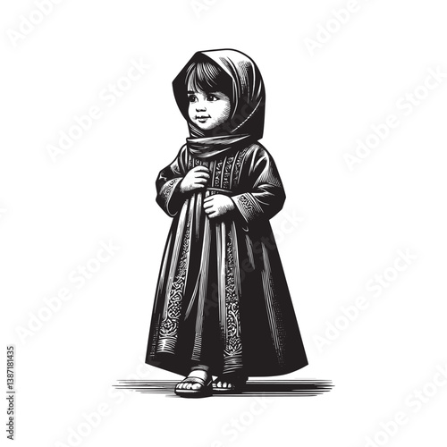 Little girl in abaya dress with headscarf monochrome etching design illustration