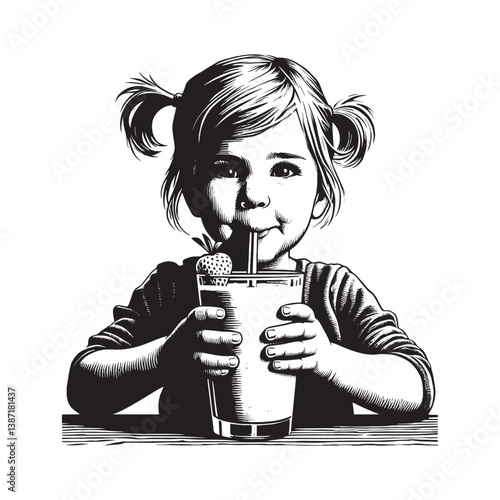 Little girl enjoying a smoothie in a realistic engraved illustration style