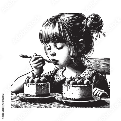Little girl savoring gourmet cheesecakes in black and white woodcut drawing