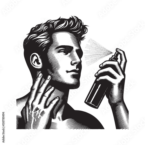 Man applies protective spf spray to face in stylized woodcut aesthetic