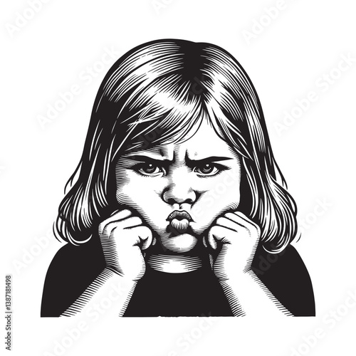 Little girl,s exaggerated expression, showing frustration in realistic woodcut drawing