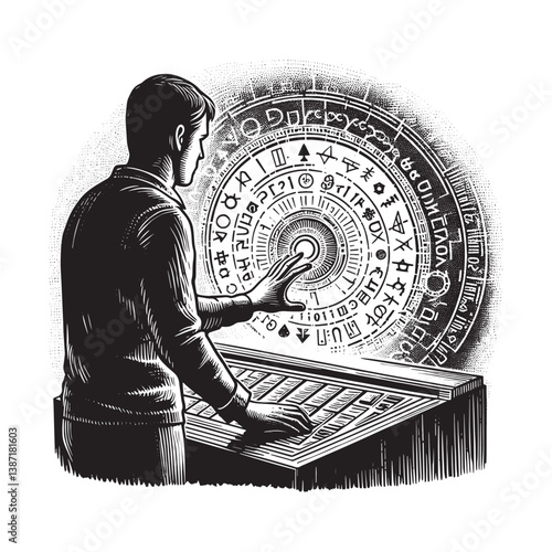 Man interacts with complex holographic interface displaying archaic symbols