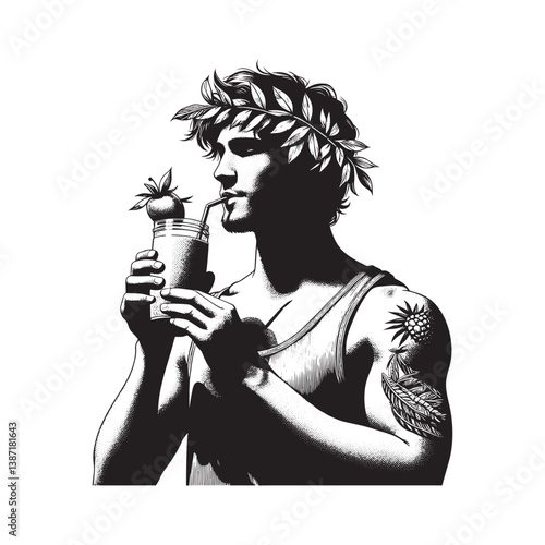 Man with leafy crown enjoying a refreshing mango smoothie in springtime style