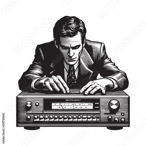 Man tinkering with vintage audio equipment rendered in a woodcut style