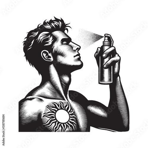 Man applies sunscreen spray for skin protection in woodcut style art
