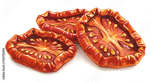 Sun dried Tomatoes Watercolor Painting of Dehydrated Tomato Slices Culinary Illustration