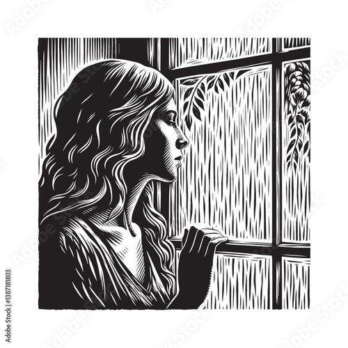Monochromatic contemplation a woman gazing at rain through a window pane
