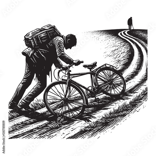 Man struggles with broken bicycle on remote path depicting rural adversity