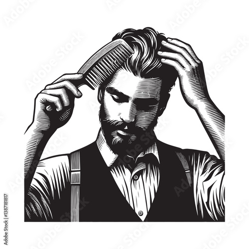 Monochromatic elegance a stylish man combing his hair in a woodcut illustration