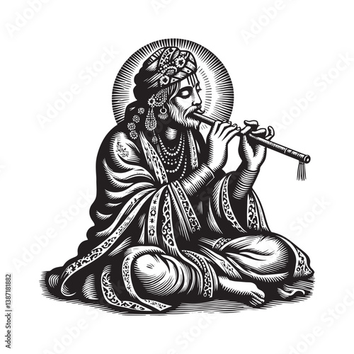 Monochromatic woodcut depicts musician draped in festive shawls playing flute