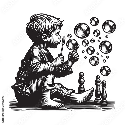 Monochrome charm a child,s imagination taking flight with delicate soap bubbles