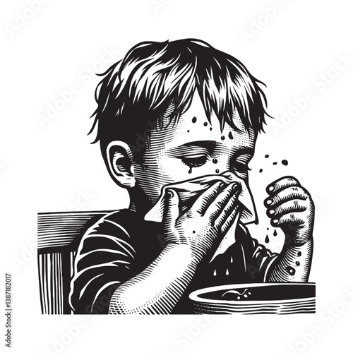 Monochrome depiction of a child cleaning their face after a messy meal