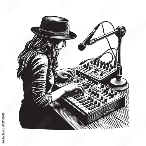 Monochrome composition of a woman crafting ambient soundscapes with synthesizer