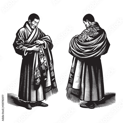 Monochrome depiction of a man in traditional Tibetan attire with ornate shawl