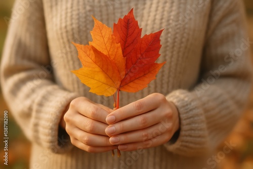 Vibrant Autumn Leaves Held by Person in Cozy Sweater During Fall Afternoon