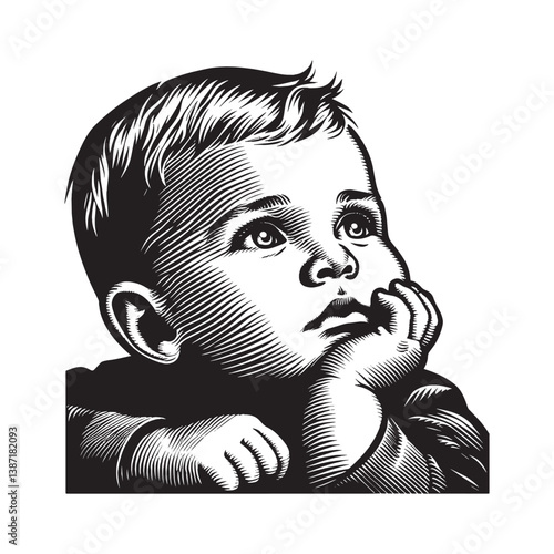 Monochrome depiction of a pensive baby in a stylized woodcut design