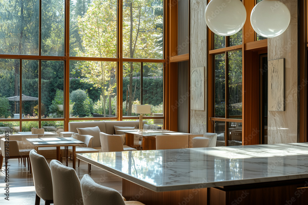 Modern Dining Area with Double-Height Windows and Wooden Accents