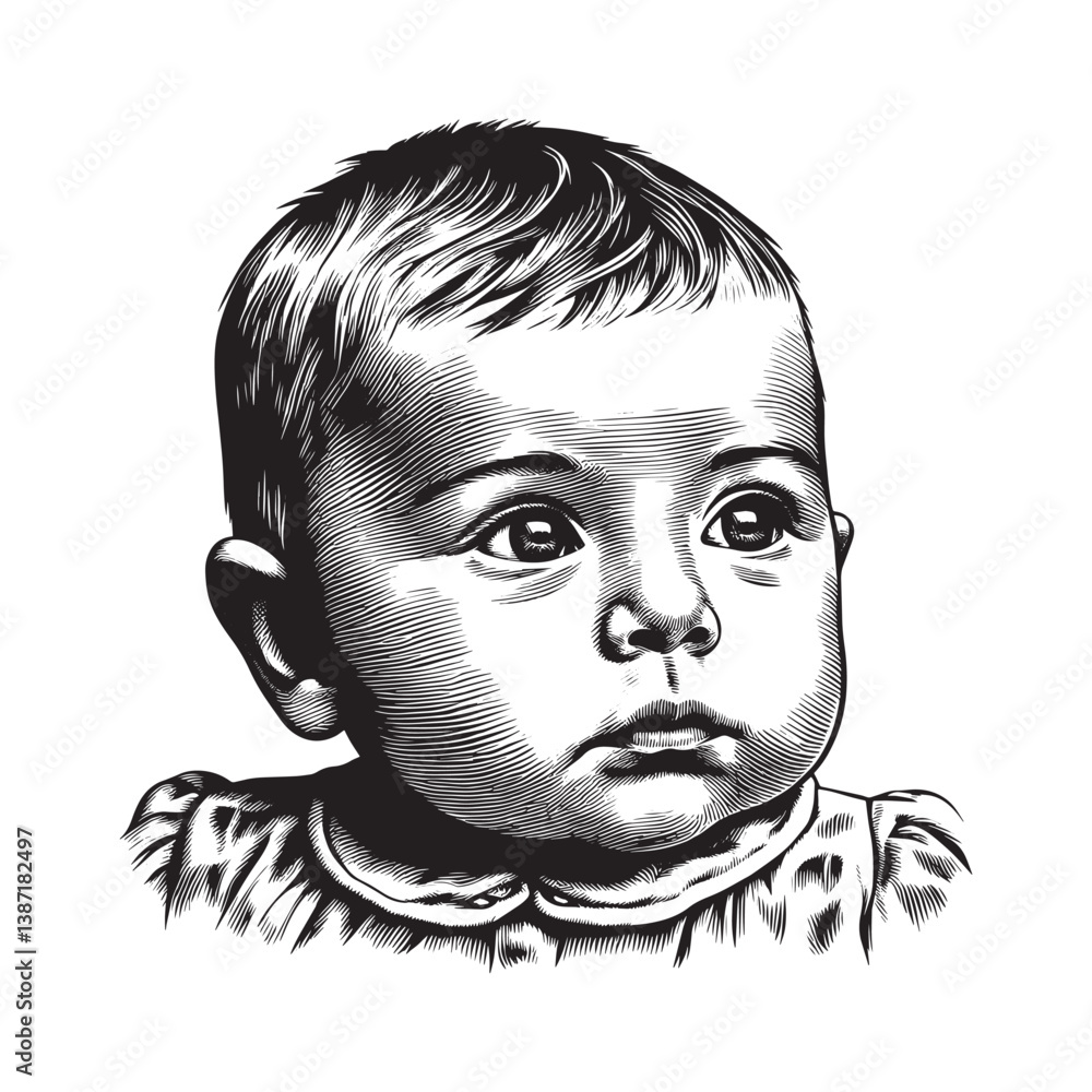 Monochrome etched illustration depicts thoughtful baby with a curious gaze Monochrome etched illustration depicts thoughtful baby with a curious gaze