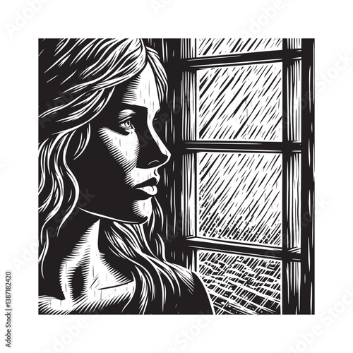 Monochrome depiction of contemplation woman gazing through a rainy window