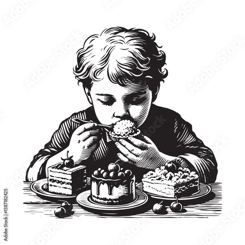 Monochrome dessert indulgence with charming childlike glee illustration