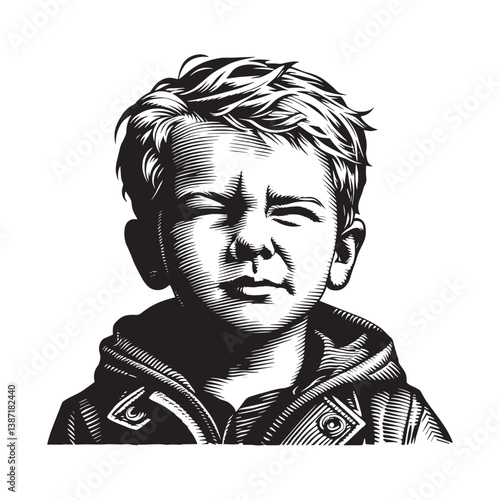 Monochrome engraving of a young boy squinting against bright light source