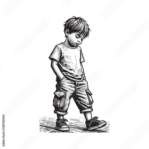 Monochrome engraving of a young boy in cargo pants with downward gaze