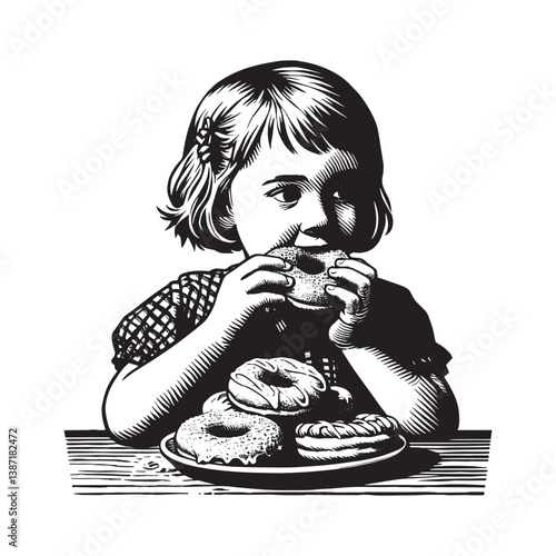 Monochrome drawing of a little girl enjoying sugary doughnuts at a table