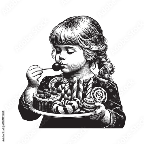 Monochrome dream of a girl savoring lollipop surrounded by delicacies