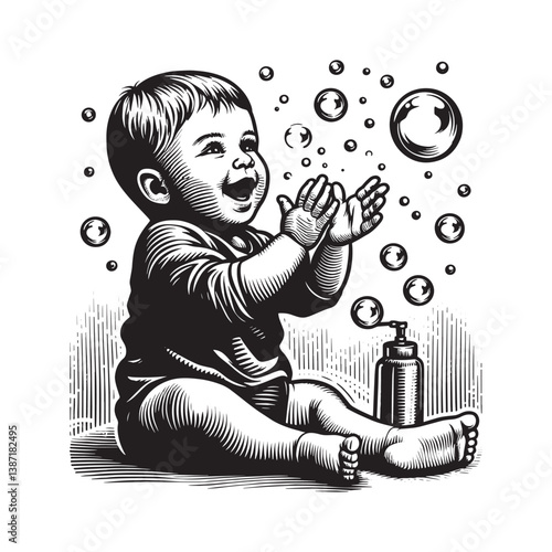 Monochrome etching of a joyful baby clapping hands amidst floating bubbles
