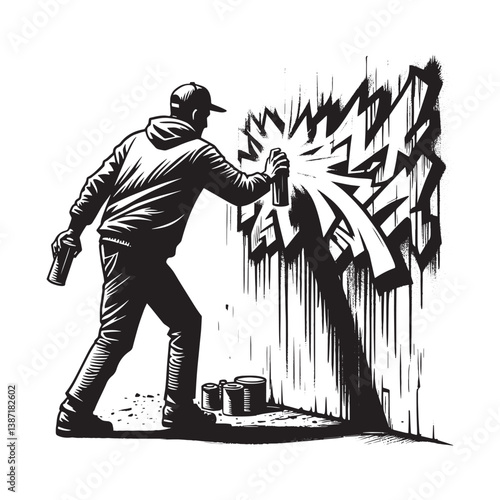 Monochrome illustration of a graffiti artist creating expressive wall art
