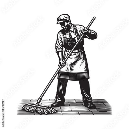Monochrome illustration of a man mopping a spotless floor in retro style art