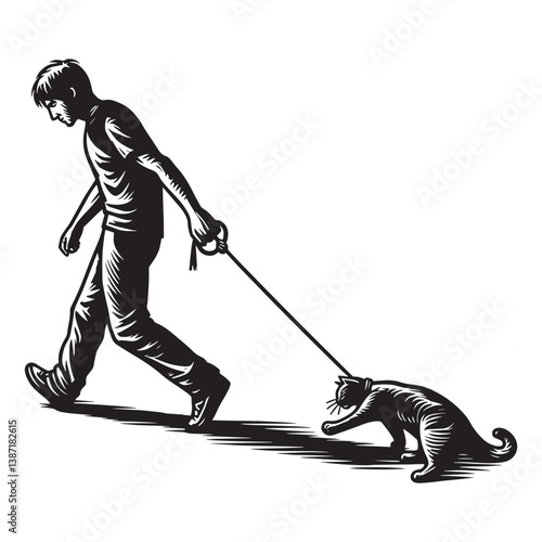 Monochrome illustration of a man lazily dragging a cat toy on the floor