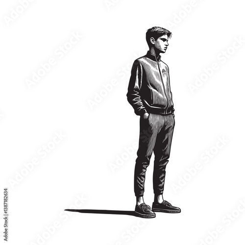 Monochrome illustration of a pensive young man in casual track suit apparel