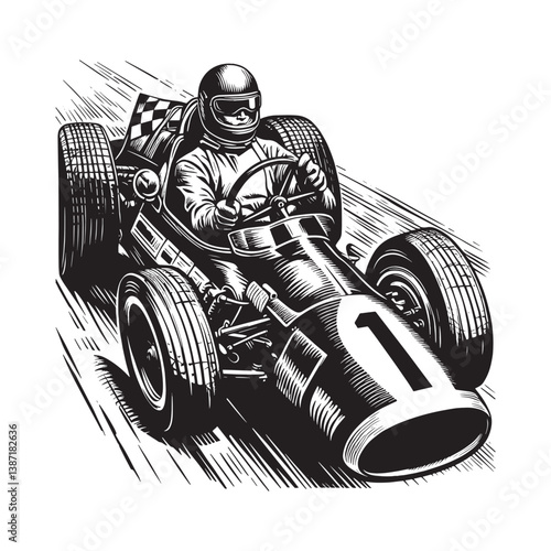 Monochrome illustration of a vintage race car driver speeding on the track